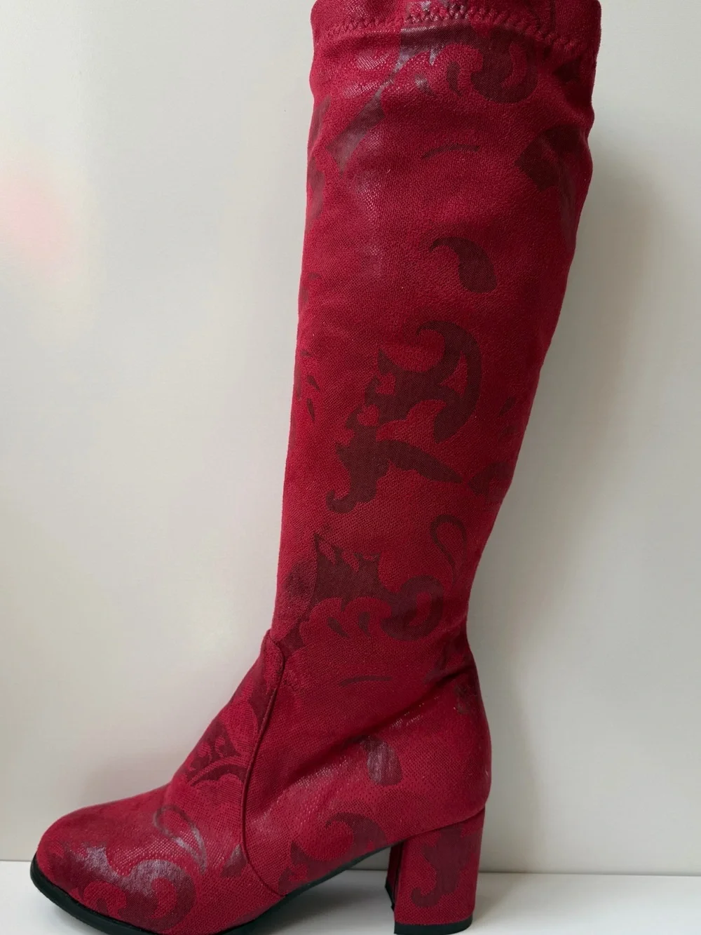 Women US 9 EU 39 Red Leather Knee High Riding Boots Floral Round Toe Zip